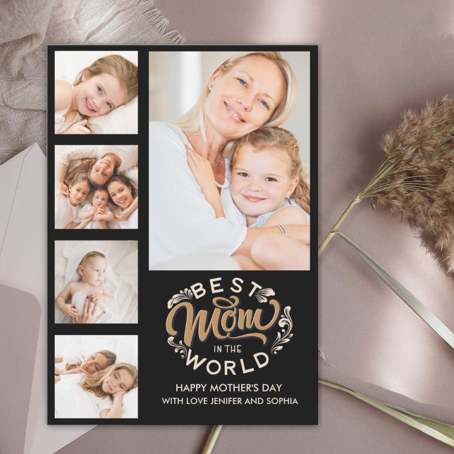 Best Mom In the World Scrip 5 Photos Black Thank You Card (Creator Uploaded)