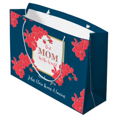 Best Mom in the World Teal Red Gold Cherry Blossom Large Gift Bag