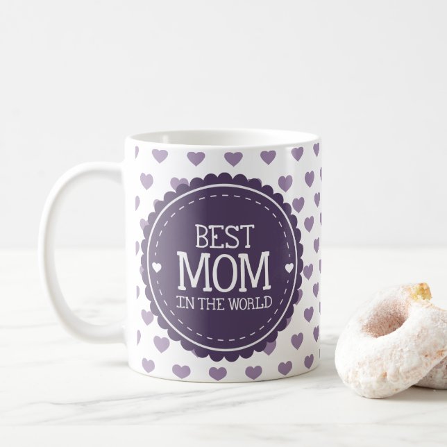 Best Mom in the World Violet Hearts and Circle Coffee Mug (With Donut)