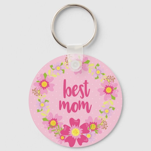 Best Mom Keychain Pink with Flowers (Front)