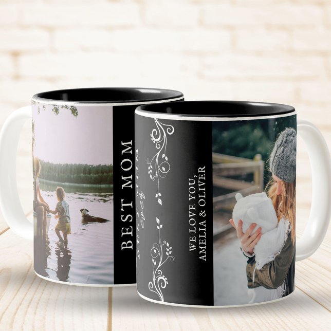 Best Mom Modern Foliage 2 Custom Photos Black Two-Tone Coffee Mug (Creator Uploaded)