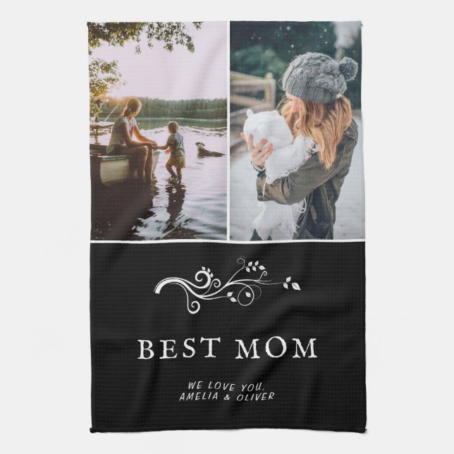Best Mom Modern Foliage 2 Custom Photos Mother Kitchen Towel (Vertical)
