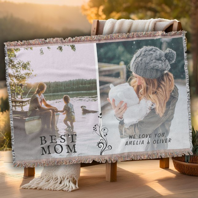 Best Mom Modern Foliage 2 Custom Photos Mother  Throw Blanket (Creator Uploaded)