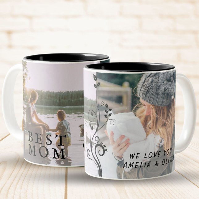 Best Mom Modern Foliage 2 Custom Photos Mother  Two-Tone Coffee Mug (Creator Uploaded)