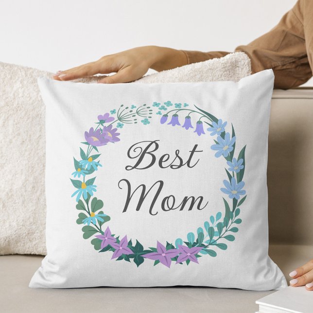 Best Mom Mother Floral Bluebells Greenery Wreath Throw Pillow (Creator Uploaded)