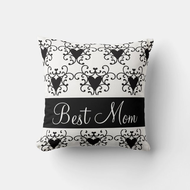 Best Mom Mother's Day Black Hearts Swirls Throw Pillow (Front)