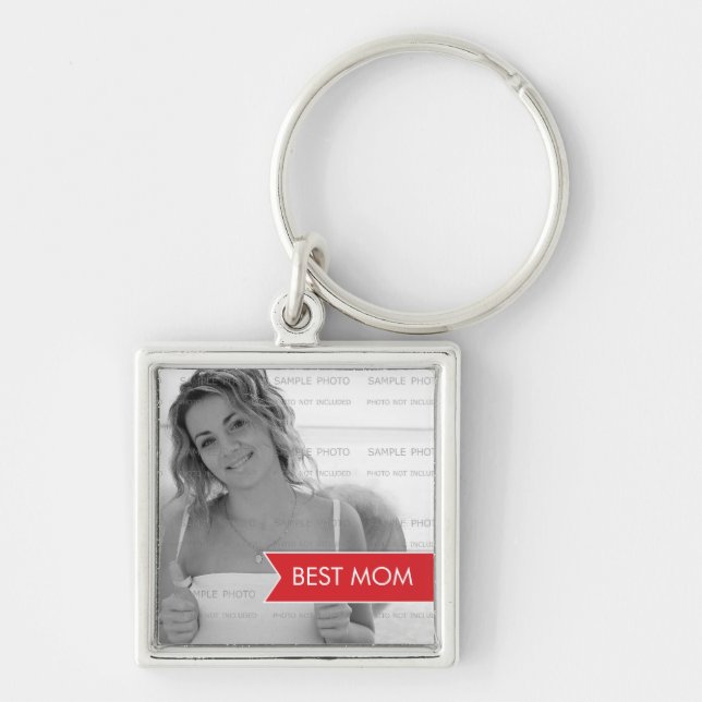 Best Mom Mothers Day Photo White Red Banner Keychain (Front)