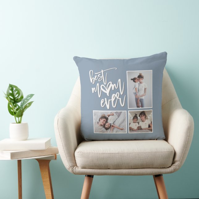 Best Mom Mum Ever 3 Photos Script Dusty Blue Throw Pillow (Chair)