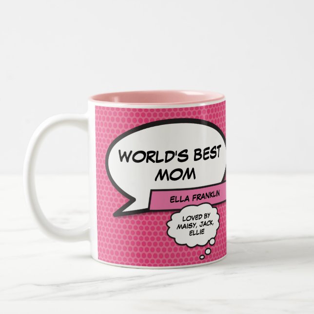 Best Mom, Mum, Mother Modern Fun Comic Book Pink Two-Tone Coffee Mug (Left)