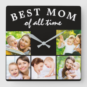 Best Mom of All Time Photo Collage Black Square Wall Clock
