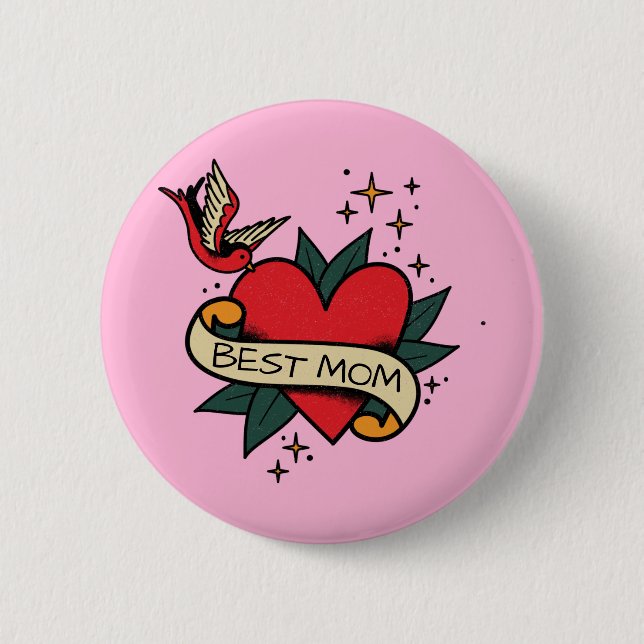 [ Best Mom ] old school heart tattoo Button (Front)
