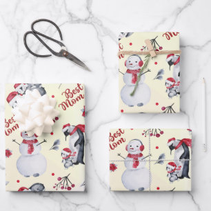 Best Mom Penguin Christmas pattern Wrapping Paper Sheets