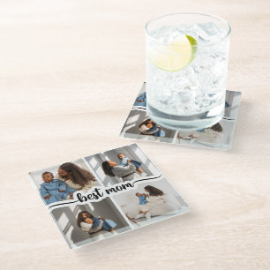 Best Mom Personalized 4 Photo Collage Glass Coaster