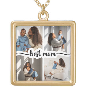 Best Mom Personalized 4 Photo Collage Gold Plated Necklace