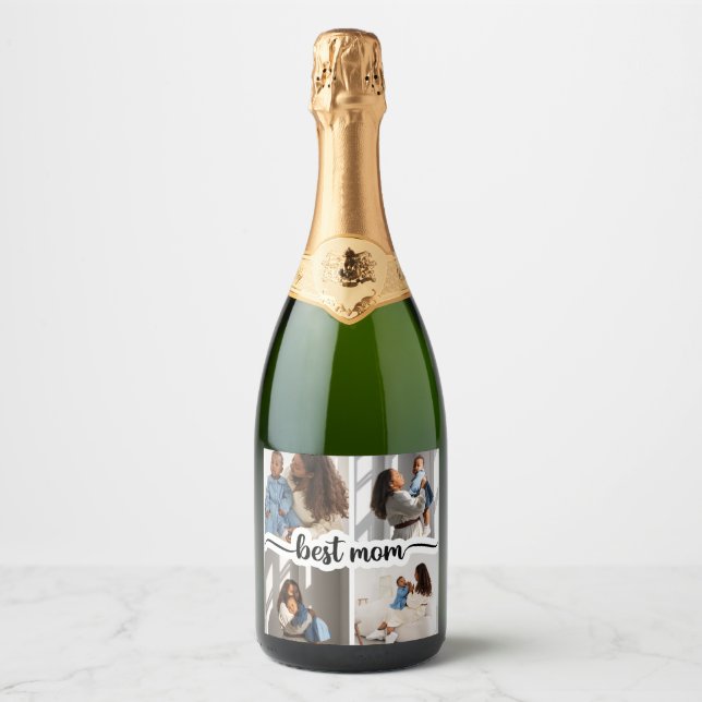Best Mom Personalized 4 Photo Collage Sparkling Wine Label (Front)