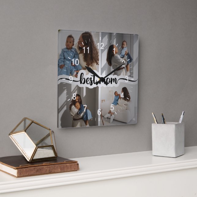 Best Mom Personalized 4 Photo Collage Square Wall Clock (Office)