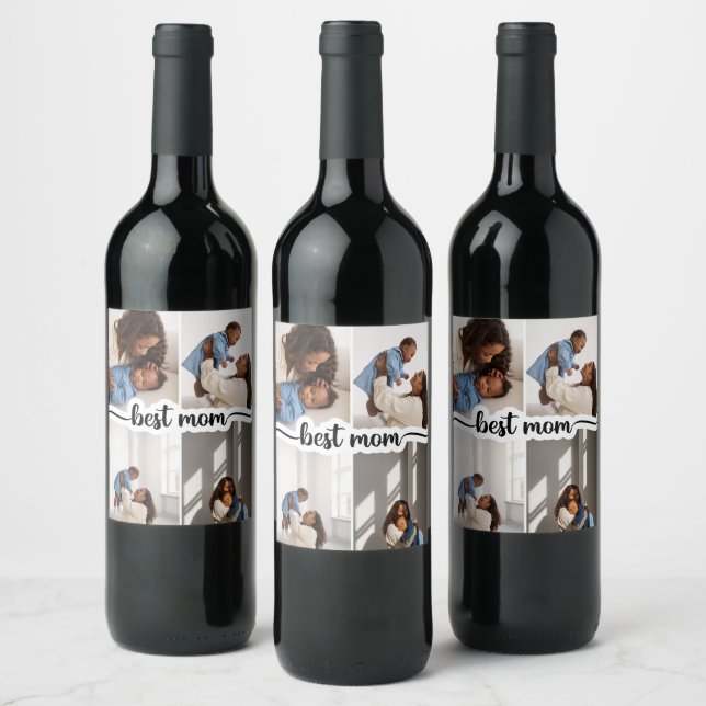Best Mom Personalized 4 Photo Collage Wine Label (Bottles)