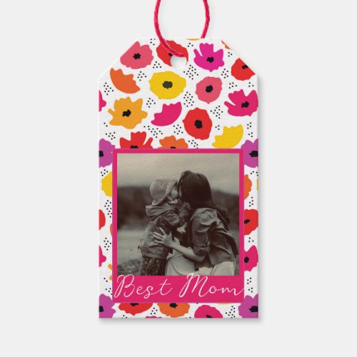 Best Mom Photo Modern Red Poppy Floral Script Gift Tags