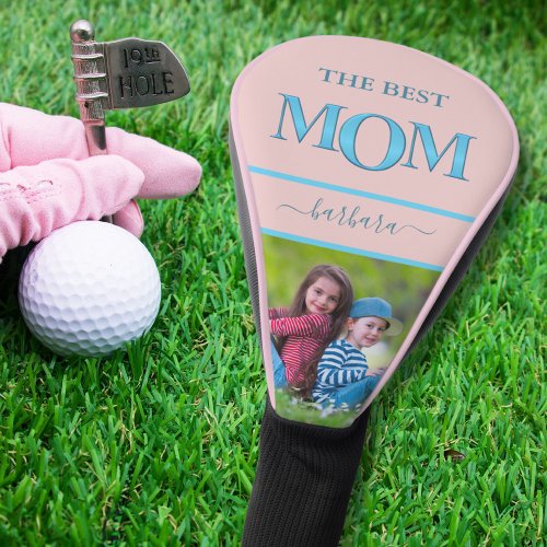 Best Mom Photo Stylish Blue Metallic Lettering Golf Head Cover