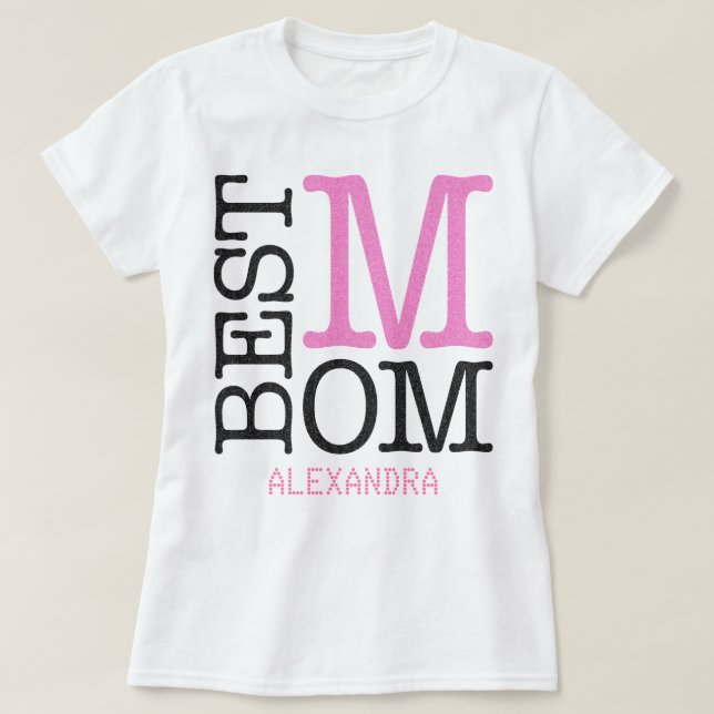 Best Mom Pink Black Glitter Name Personalized T-Shirt (Design Front)