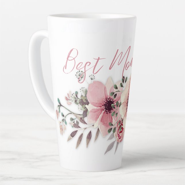 Best Mom Pink Flowers Latte Mug (Left Angle)