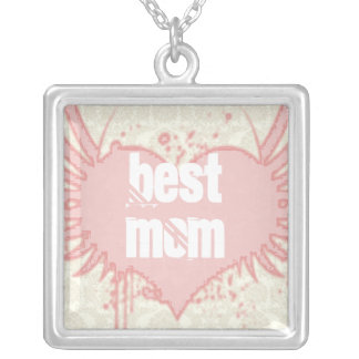 Best Mom Pink Grunge Winged Heart Silver Plated Necklace