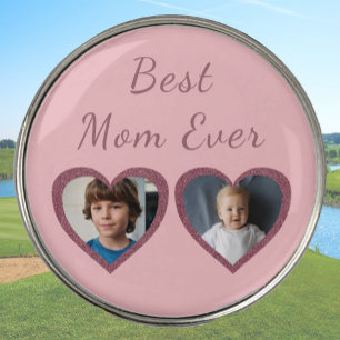 Best Mom Pink Hearts 2 Kids Custom Photo Collage Golf Ball Marker