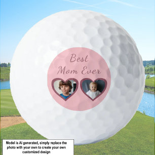 Best Mom Pink Hearts 2 Kids Custom Photo Collage Golf Balls