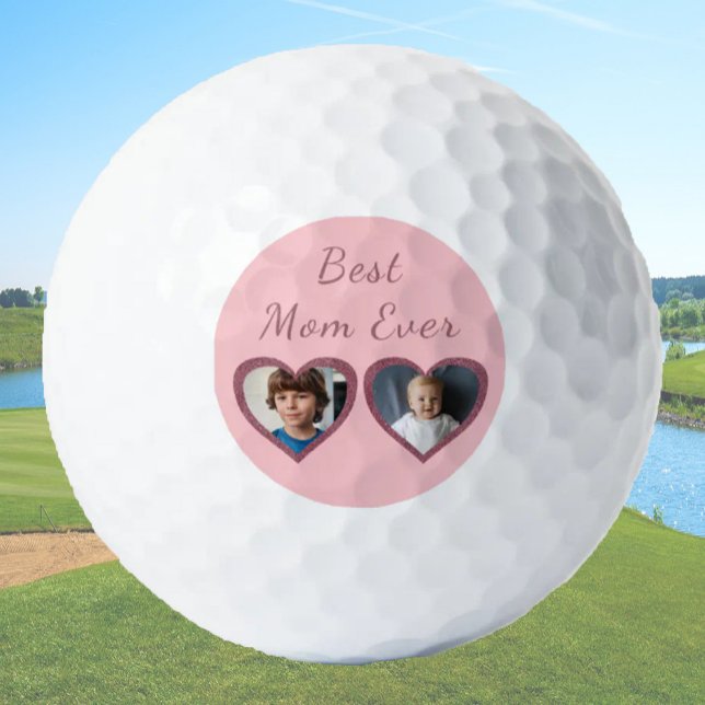 Best Mom Pink Hearts 2 Kids Custom Photo Collage Golf Balls (Creator Uploaded)