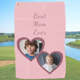 Best Mom Pink Hearts 2 Kids Custom Photo Collage Golf Towel
