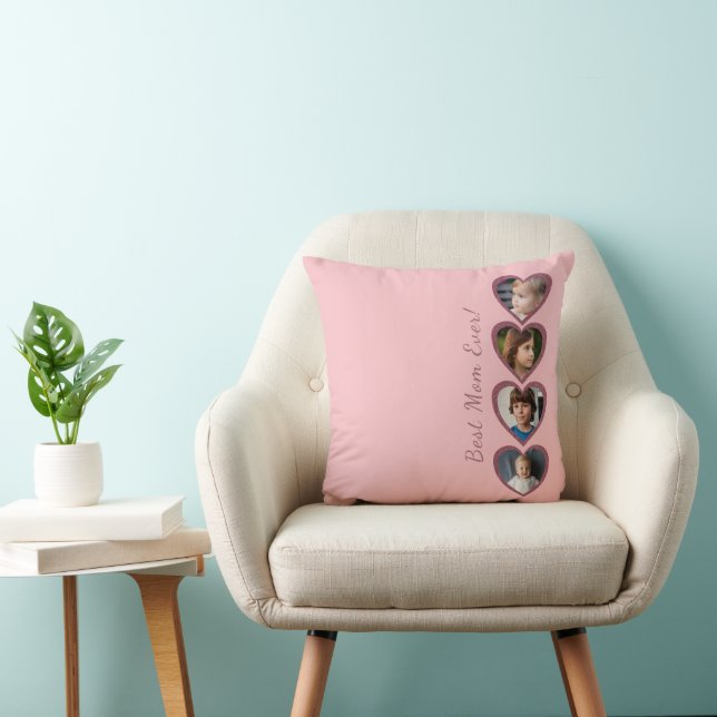 Best Mom Pink Hearts 4 children Photo Collage  Throw Pillow (Chair)