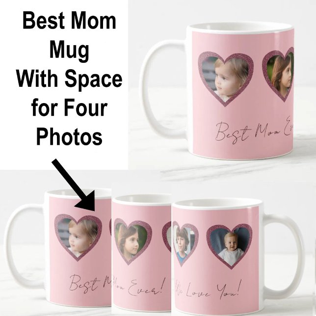 Best Mom Pink Hearts Four Kids Photo Collage  Coffee Mug (Creator Uploaded)
