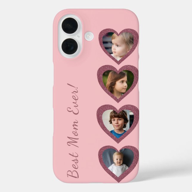 Best Mom Pink Hearts Four Photo Collage Template Case-Mate iPhone Case (Back)