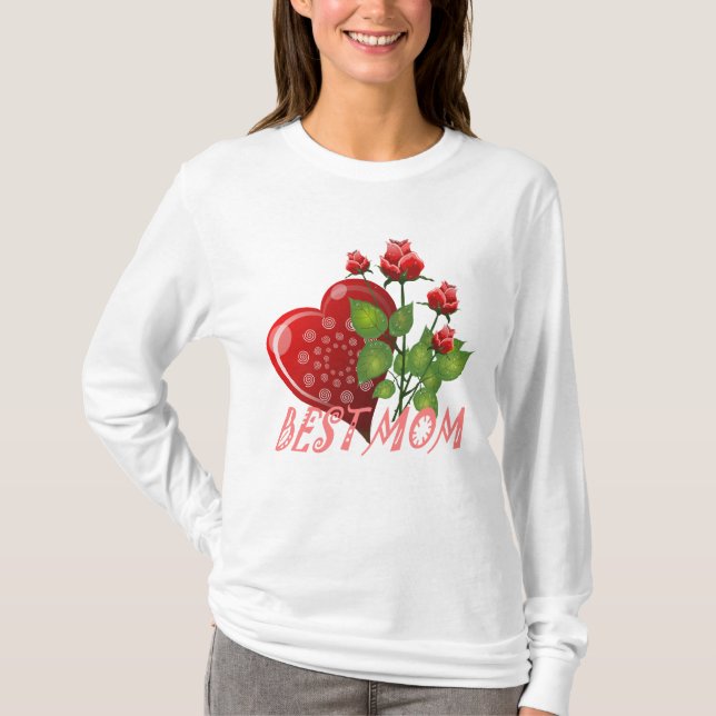 Best Mom, Red heart & Green Leaves T-Shirt (Front)