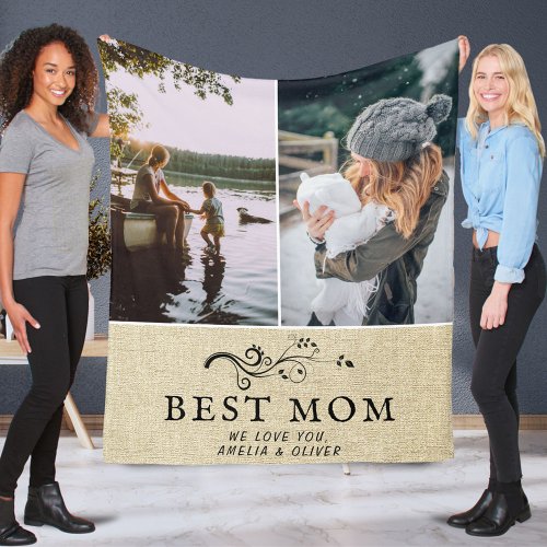 Best Mom Rustic Foliage 2 Custom Photos Mother  Fleece Blanket