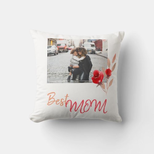 Best Mom Script Watercolor Flower Photo Floral Throw Pillow - Best Mom Trendy Script Watercolor Flower Photo Floral Throw Pillow / Beautiful and modern floral pillow for your mother with a photo. The pillow has a red watercolor flower and a text Best Mom in a trendy script. You can change any text if you want. Insert your photo into the template. Great as a gift for the Mother`s Day.