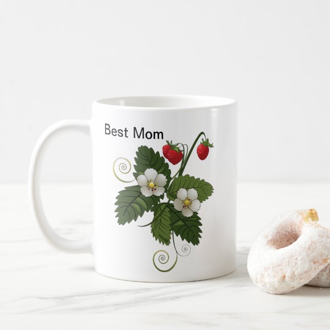 Best Mom Strawberry Floral Botanical Design Coffee Mug (With Donut)