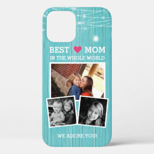 Best Mom String Lights Wood Family Photo Collage iPhone 12 Case