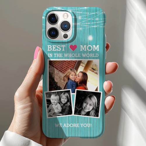 Best Mom String Lights Wood Family Photo Collage iPhone 12 Case