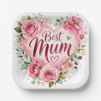 Best Mom Watercolor Floral Heart Design Paper Plates