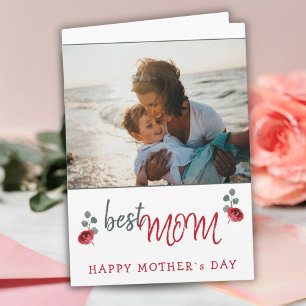 Best Mom Watercolor Rose Floral Mother`s Day Photo Card