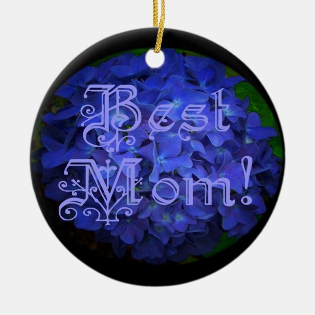 Best Mom with Blue Flower Background Ceramic Ornament (Front)
