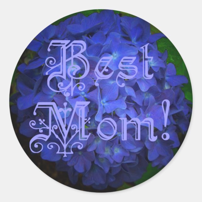 Best Mom with Blue Flower Background Classic Round Sticker (Front)