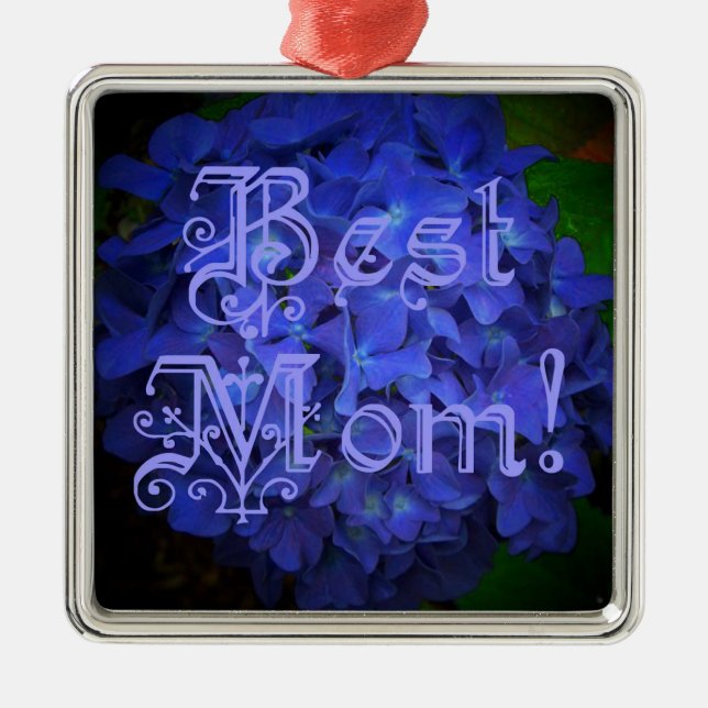 Best Mom with Blue Flower Background Metal Ornament (Front)