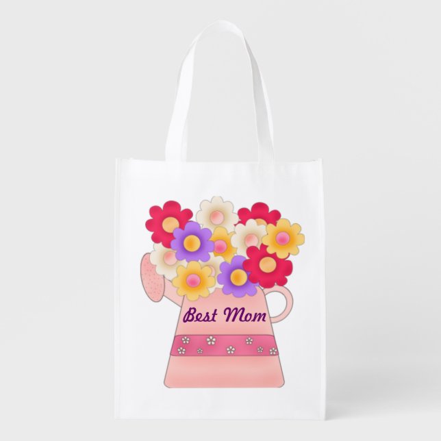 Best Mom With Flower Pot Reusable Grocery Bag (Front)