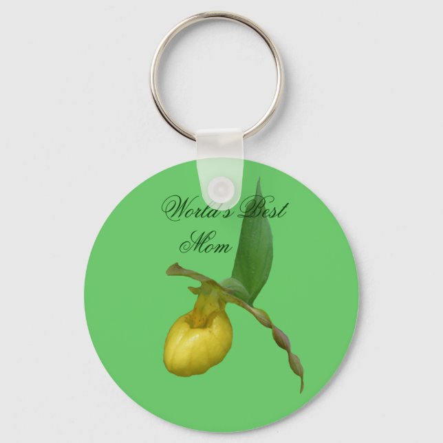 Best Mom Yellow Lady Slipper Flower Photo Keychain (Front)