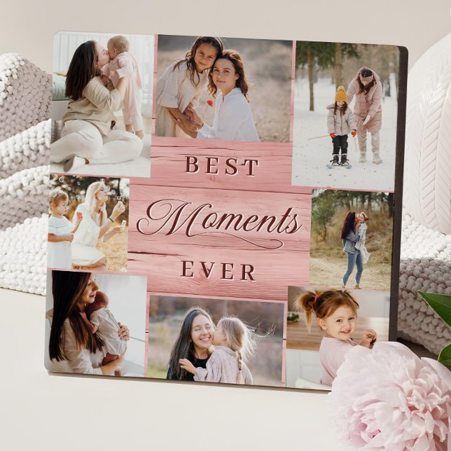 Best Moments Ever Mom Photo Collage Pink Woodgrain Plaque (Best Moments Ever Photo Collage Pink Woodgrain Plaque)