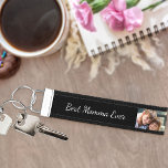 Best Momma Ever 5 Photo | Black and White Wrist Keychain<br><div class="desc">Wrist keychain personalized with 5 photos and lettered with "best momma ever" (editable), in neat script. The photo template is set up for you to add 5 of your favorite pictures, which are displayed in square / instagram and horizontal landscape formats. The design has white typography on a black background....</div>