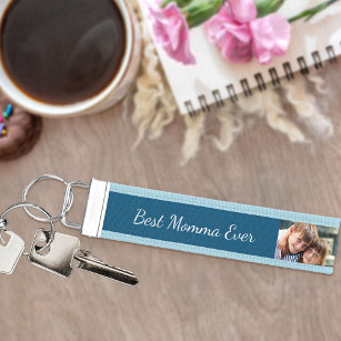 Best Momma Ever 5 Photo   Blue and White Wrist Keychain