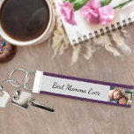 Best Momma Ever 5 Photo Modern Purple and Grey Wrist Keychain<br><div class="desc">Wrist keychain personalized with 5 photos and lettered with "best momma ever" (editable), in neat script. The photo template is set up for you to add 5 of your favorite pictures, which are displayed in square / instagram and horizontal landscape formats. The design has black typography on a grey background....</div>